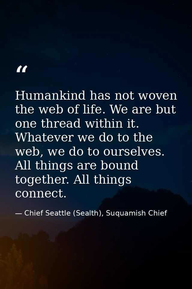 Humankind has not woven the web of life. We are but one thread within it. Whatever we do to the web, we do to ourselves. — Chief Seattle (Sealth), Suquamish Chief