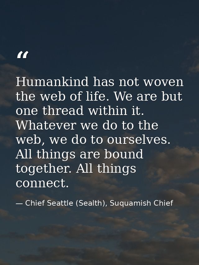 Humankind has not woven the web of life. We are but one thread within it. Whatever we do to the web, we do to ourselves. — Chief Seattle (Sealth), Suquamish Chief