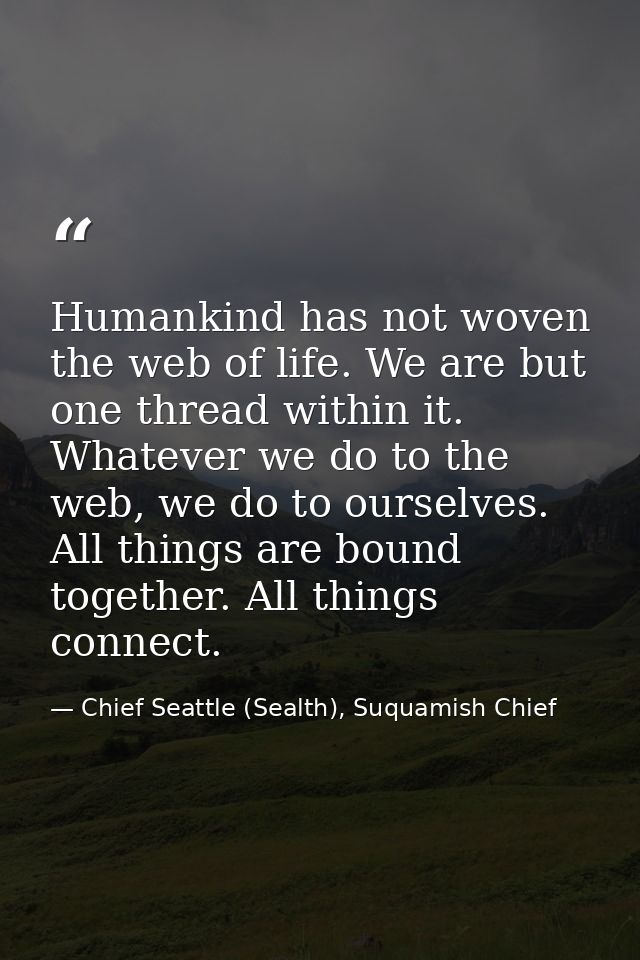 Humankind has not woven the web of life. We are but one thread within it. Whatever we do to the web, we do to ourselves. — Chief Seattle (Sealth), Suquamish Chief