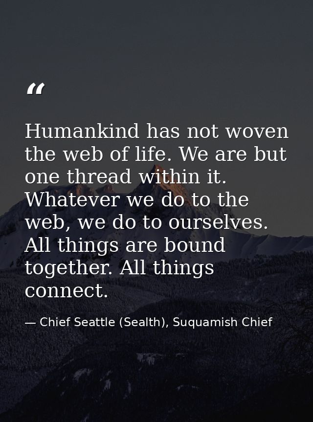 Humankind has not woven the web of life. We are but one thread within it. Whatever we do to the web, we do to ourselves. — Chief Seattle (Sealth), Suquamish Chief
