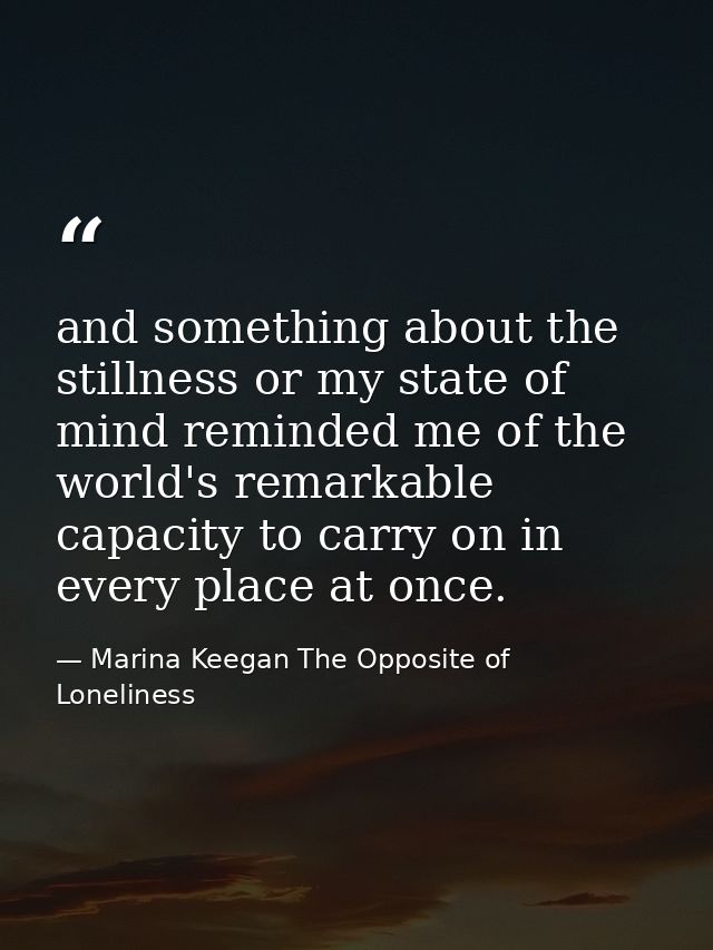 and something about the stillness or my state of mind reminded me of the world's remarkable capacity to carry on in ever — Marina Keegan The Opposite of Loneliness