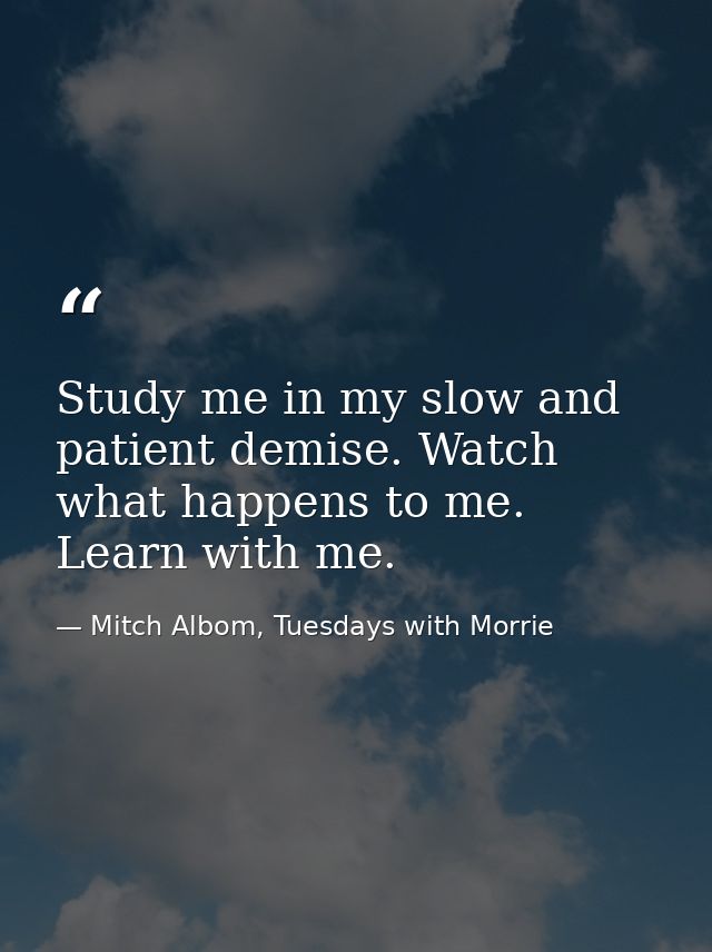Study me in my slow and patient demise. Watch what happens to me. Learn with me. — Mitch Albom, Tuesdays with Morrie