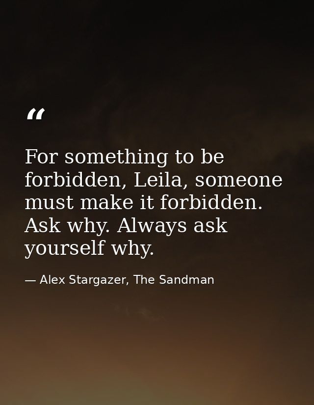 For something to be forbidden, Leila, someone must make it forbidden. Ask why. Always ask yourself why. — Alex Stargazer, The Sandman