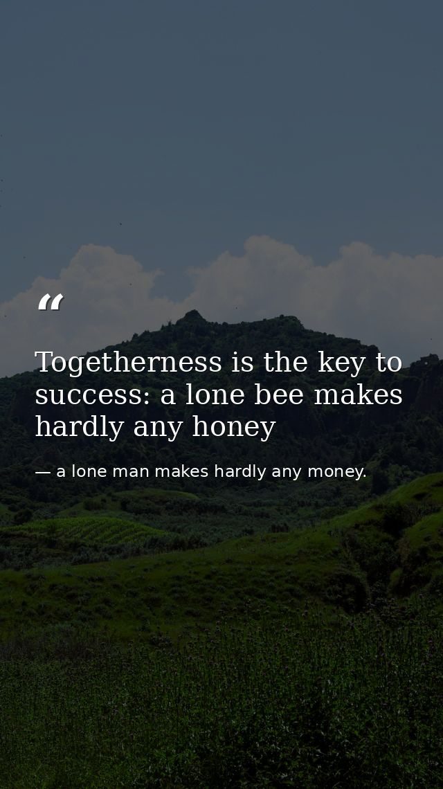 Togetherness is the key to success: a lone bee makes hardly any honey — a lone man makes hardly any money.