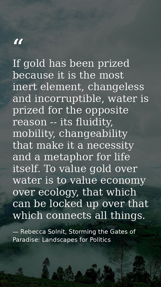 If gold has been prized because it is the most inert element, changeless and incorruptible, water is prized for the oppo — Rebecca Solnit, Storming the Gates of Paradise: Landscapes for Politics