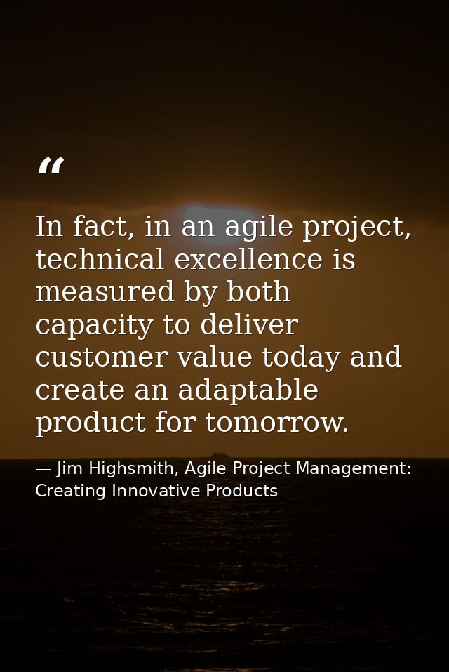 In fact, in an agile project, technical excellence is measured by both capacity to deliver customer value today and crea — Jim Highsmith, Agile Project Management: Creating Innovative Products