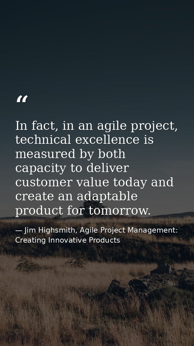 In fact, in an agile project, technical excellence is measured by both capacity to deliver customer value today and crea — Jim Highsmith, Agile Project Management: Creating Innovative Products
