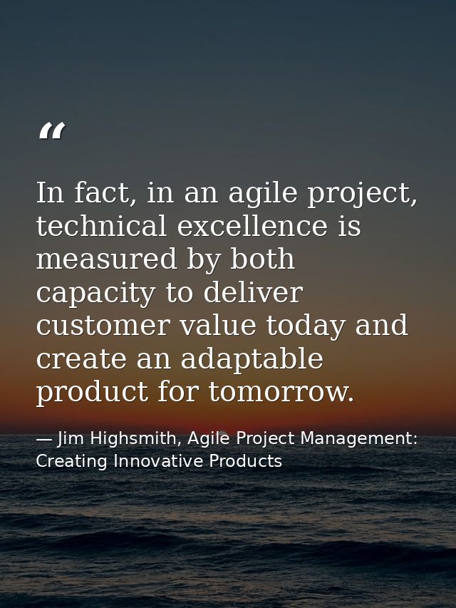 In fact, in an agile project, technical excellence is measured by both capacity to deliver customer value today and crea — Jim Highsmith, Agile Project Management: Creating Innovative Products
