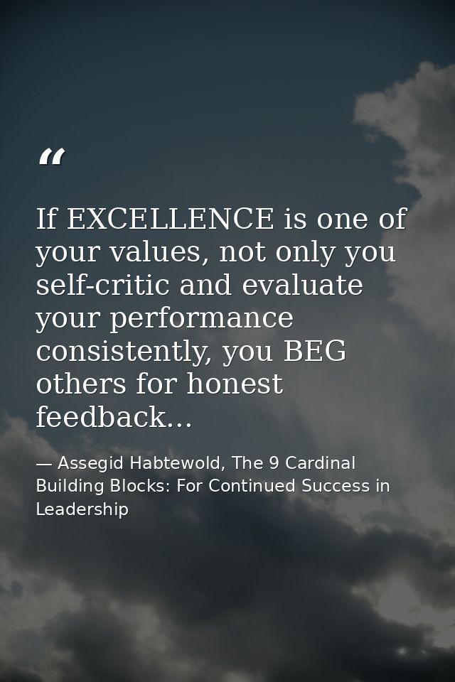 If EXCELLENCE is one of your values, not only you self-critic and evaluate your performance consistently, you BEG others — Assegid Habtewold, The 9 Cardinal Building Blocks: For Continued Success in Leadership