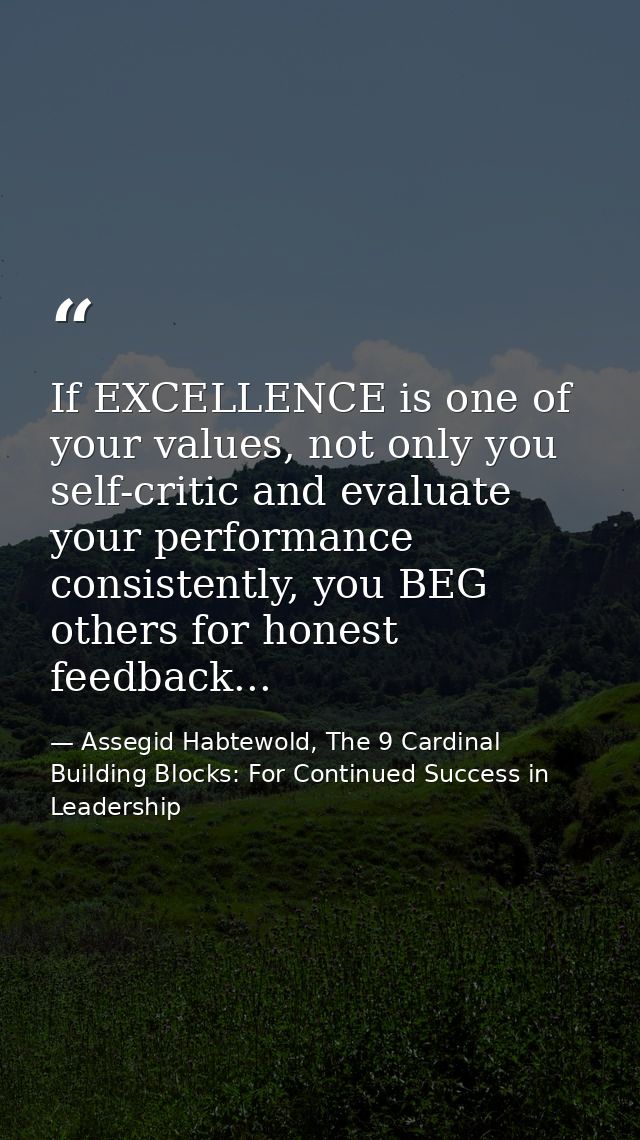 If EXCELLENCE is one of your values, not only you self-critic and evaluate your performance consistently, you BEG others — Assegid Habtewold, The 9 Cardinal Building Blocks: For Continued Success in Leadership