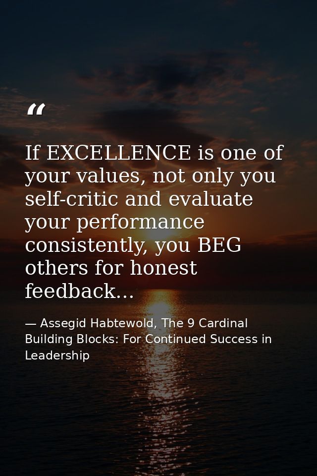 If EXCELLENCE is one of your values, not only you self-critic and evaluate your performance consistently, you BEG others — Assegid Habtewold, The 9 Cardinal Building Blocks: For Continued Success in Leadership
