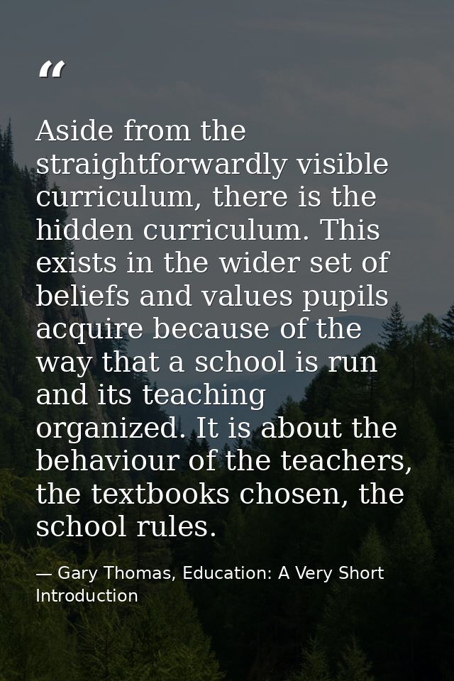 Aside from the straightforwardly visible curriculum, there is the hidden curriculum. This exists in the wider set of bel — Gary Thomas, Education: A Very Short Introduction