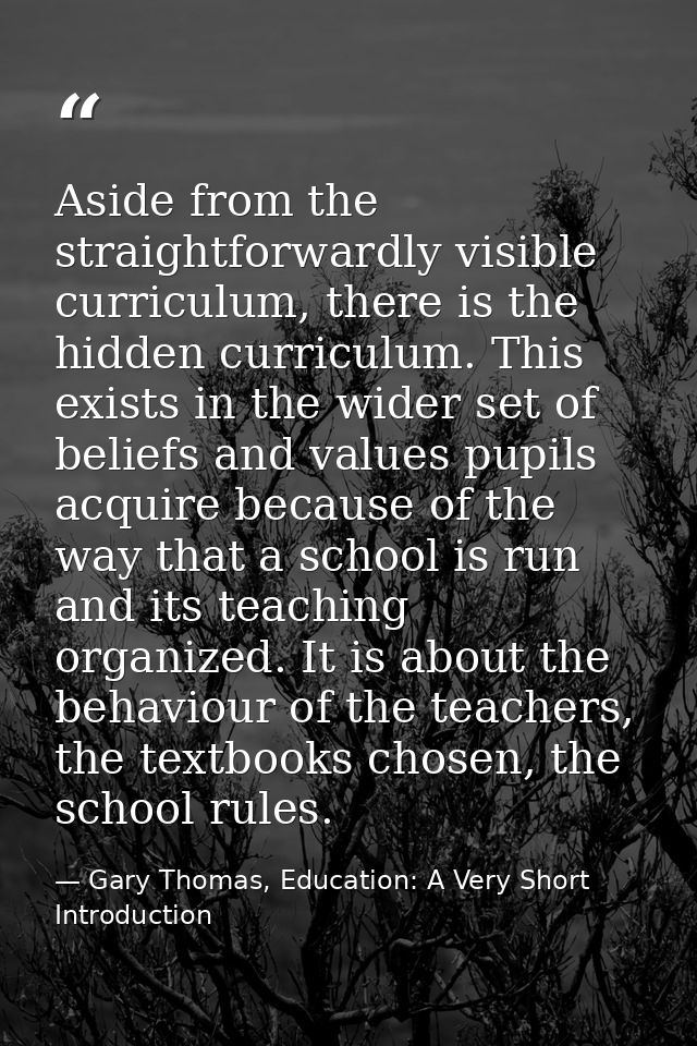 Aside from the straightforwardly visible curriculum, there is the hidden curriculum. This exists in the wider set of bel — Gary Thomas, Education: A Very Short Introduction