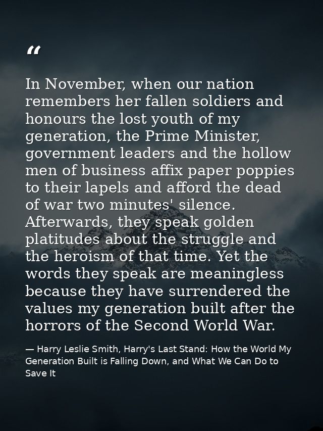 In November, when our nation remembers her fallen soldiers and honours the lost youth of my generation, the Prime Minist — Harry Leslie Smith, Harry's Last Stand: How the World My Generation Built is Falling Down, and What We Can Do to Save It