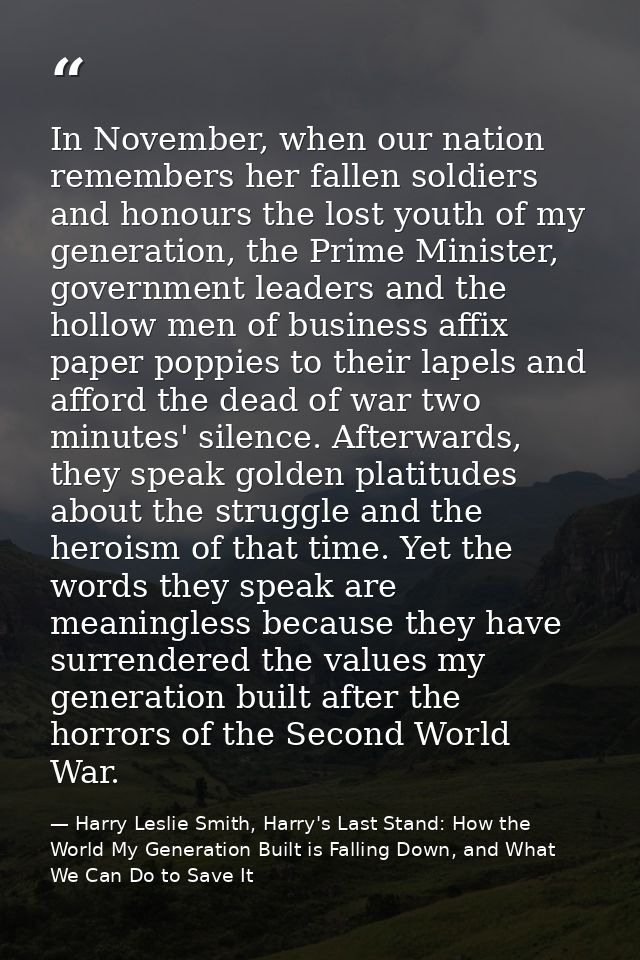 In November, when our nation remembers her fallen soldiers and honours the lost youth of my generation, the Prime Minist — Harry Leslie Smith, Harry's Last Stand: How the World My Generation Built is Falling Down, and What We Can Do to Save It