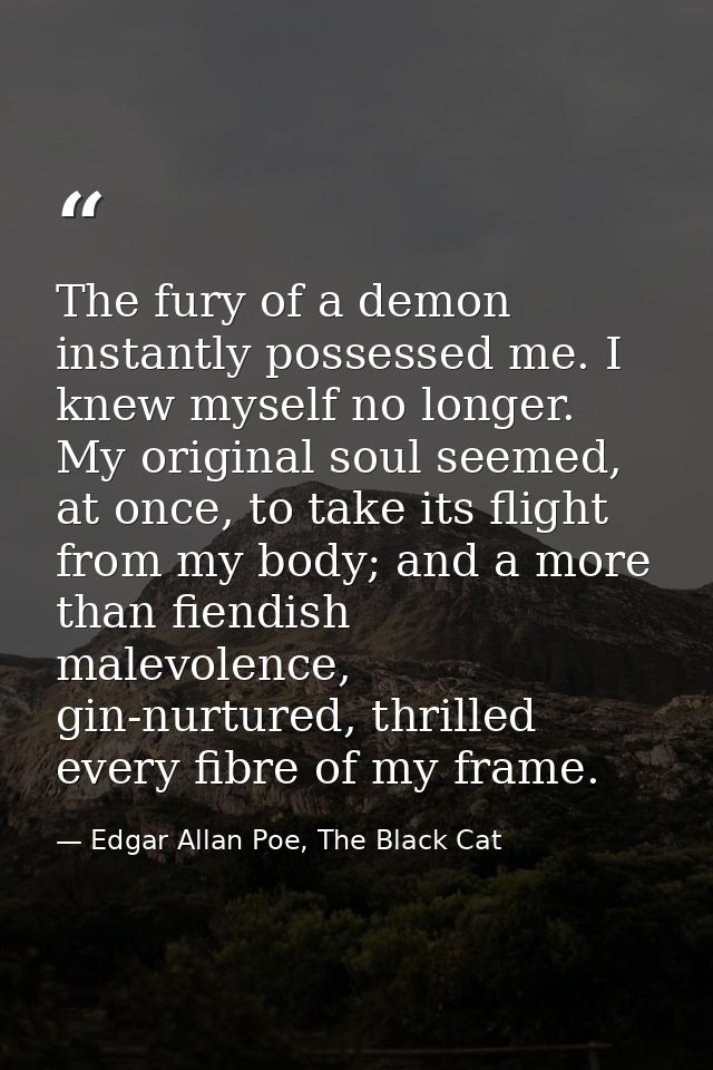 The fury of a demon instantly possessed me. I knew myself no longer. My original soul seemed, at once, to take its fligh — Edgar Allan Poe, The Black Cat