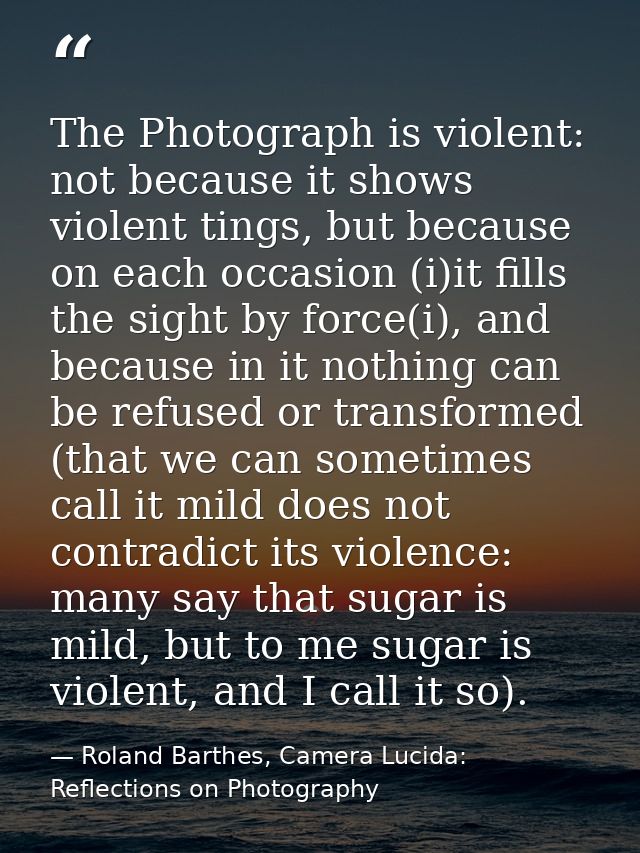 The Photograph is violent: not because it shows violent tings, but because on each occasion (i)it fills the sight by for — Roland Barthes, Camera Lucida: Reflections on Photography