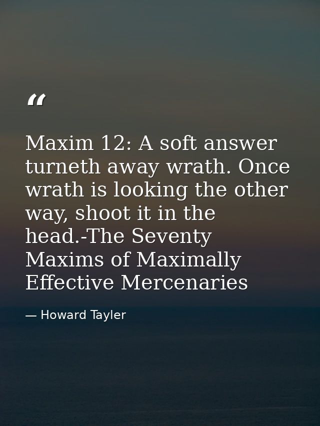 Maxim 12: A soft answer turneth away wrath. Once wrath is looking the other way, shoot it in the head.-The Seventy Maxim — Howard Tayler