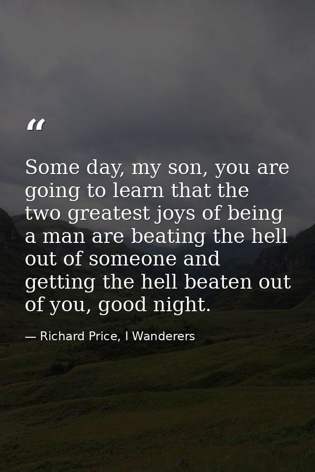 Some day, my son, you are going to learn that the two greatest joys of being a man are beating the hell out of someone a — Richard Price, I Wanderers