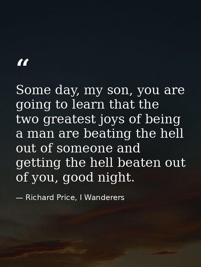Some day, my son, you are going to learn that the two greatest joys of being a man are beating the hell out of someone a — Richard Price, I Wanderers