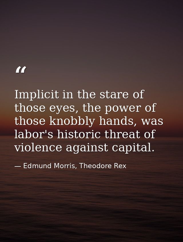 Implicit in the stare of those eyes, the power of those knobbly hands, was labor's historic threat of violence against c — Edmund Morris, Theodore Rex