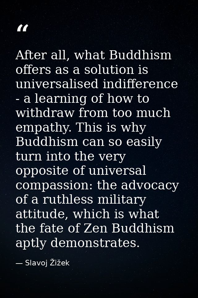 After all, what Buddhism offers as a solution is universalised indifference - a learning of how to withdraw from too muc — Slavoj Žižek