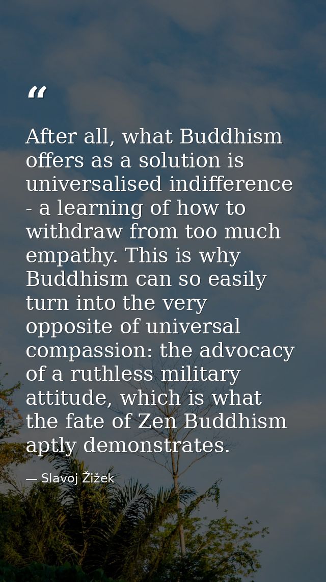 After all, what Buddhism offers as a solution is universalised indifference - a learning of how to withdraw from too muc — Slavoj Žižek