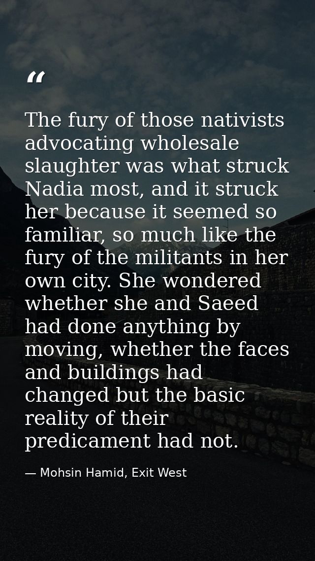 The fury of those nativists advocating wholesale slaughter was what struck Nadia most, and it struck her because it seem — Mohsin Hamid, Exit West