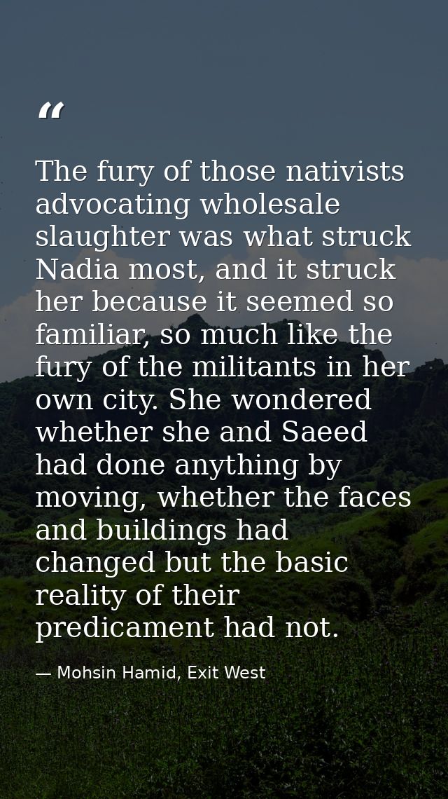 The fury of those nativists advocating wholesale slaughter was what struck Nadia most, and it struck her because it seem — Mohsin Hamid, Exit West