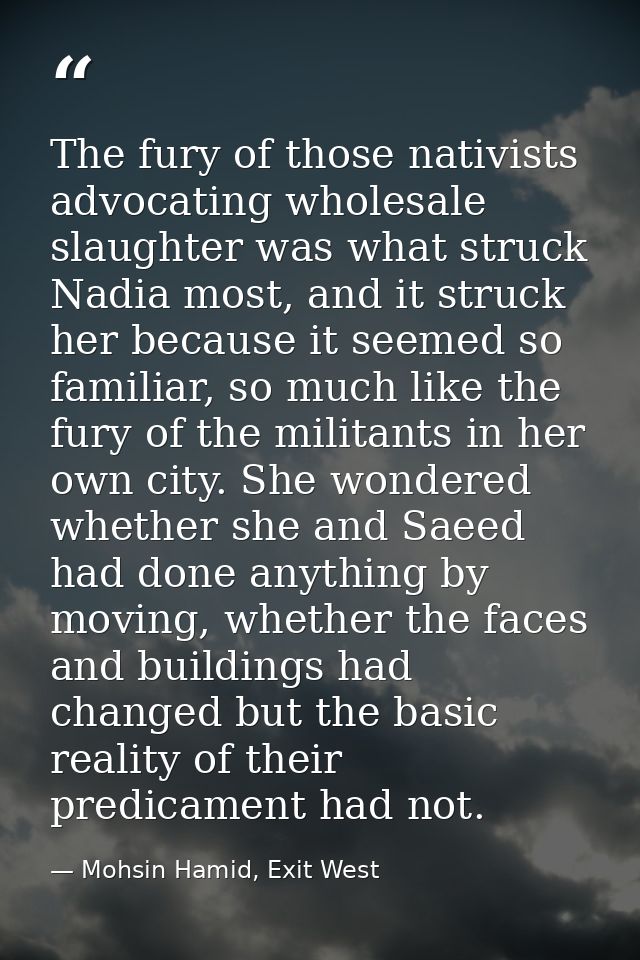 The fury of those nativists advocating wholesale slaughter was what struck Nadia most, and it struck her because it seem — Mohsin Hamid, Exit West