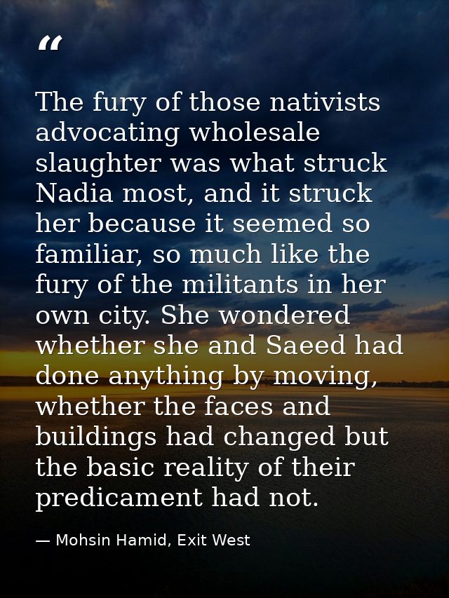The fury of those nativists advocating wholesale slaughter was what struck Nadia most, and it struck her because it seem — Mohsin Hamid, Exit West