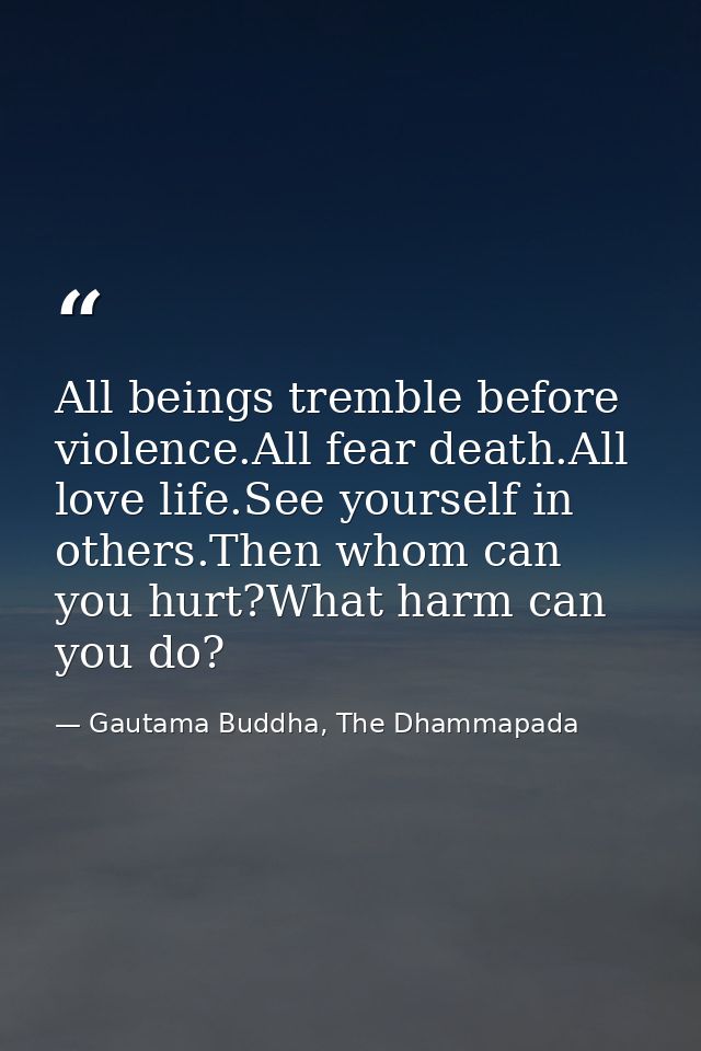 All beings tremble before violence.All fear death.All love life.See yourself in others.Then whom can you hurt?What harm  — Gautama Buddha, The Dhammapada