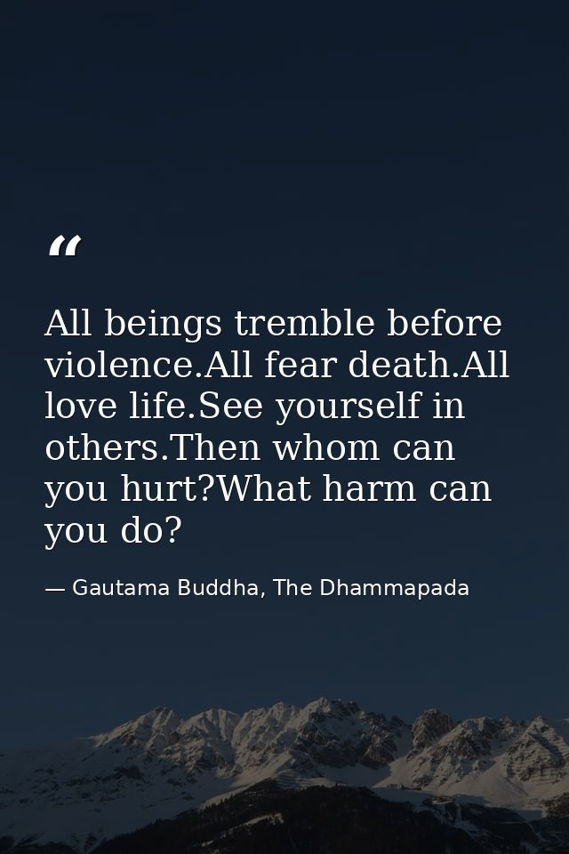 All beings tremble before violence.All fear death.All love life.See yourself in others.Then whom can you hurt?What harm  — Gautama Buddha, The Dhammapada