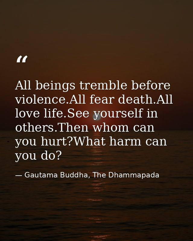 All beings tremble before violence.All fear death.All love life.See yourself in others.Then whom can you hurt?What harm  — Gautama Buddha, The Dhammapada
