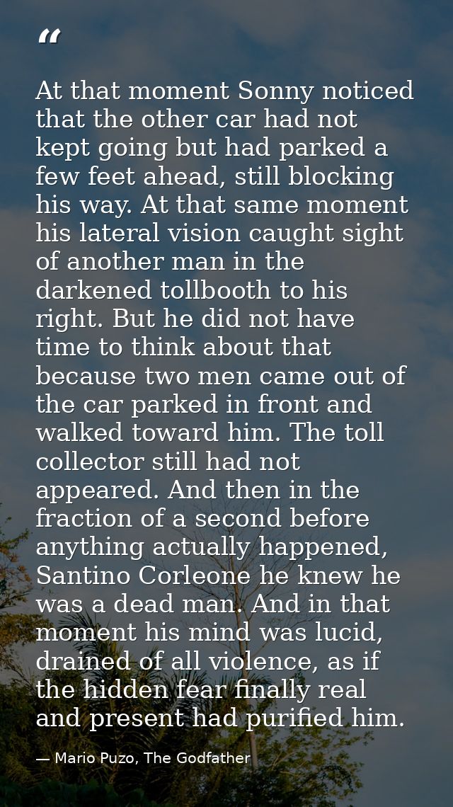 At that moment Sonny noticed that the other car had not kept going but had parked a few feet ahead, still blocking his w — Mario Puzo, The Godfather