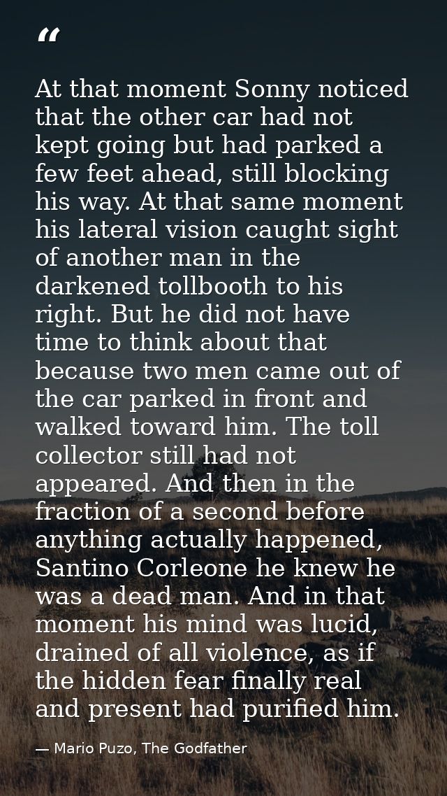 At that moment Sonny noticed that the other car had not kept going but had parked a few feet ahead, still blocking his w — Mario Puzo, The Godfather