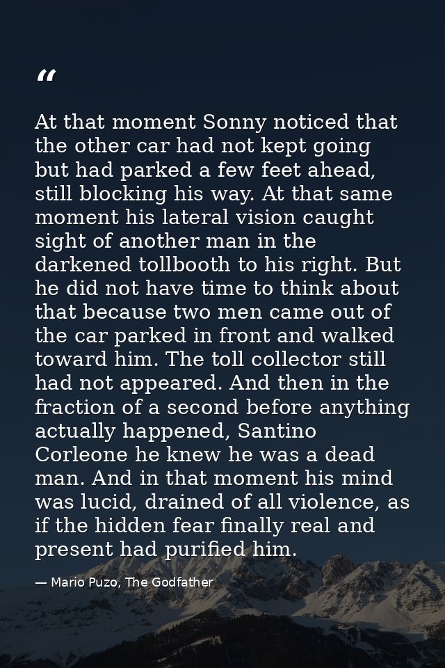 At that moment Sonny noticed that the other car had not kept going but had parked a few feet ahead, still blocking his w — Mario Puzo, The Godfather