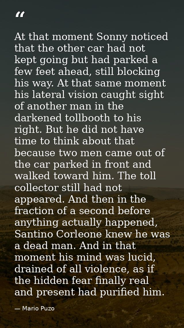 At that moment Sonny noticed that the other car had not kept going but had parked a few feet ahead, still blocking his w — Mario Puzo