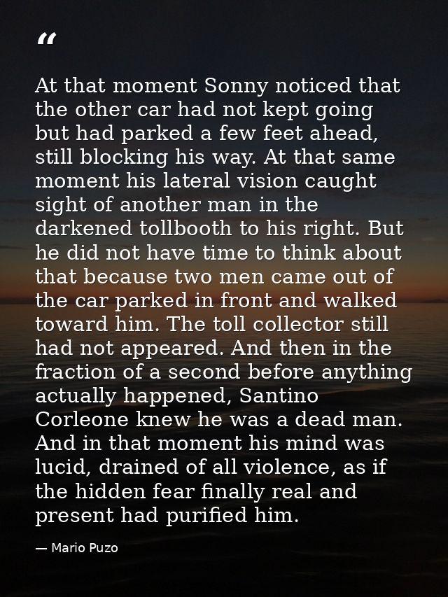 At that moment Sonny noticed that the other car had not kept going but had parked a few feet ahead, still blocking his w — Mario Puzo