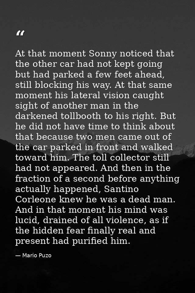 At that moment Sonny noticed that the other car had not kept going but had parked a few feet ahead, still blocking his w — Mario Puzo