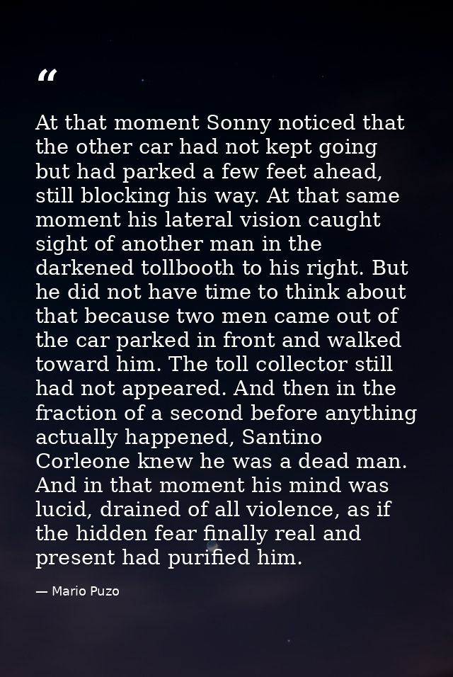 At that moment Sonny noticed that the other car had not kept going but had parked a few feet ahead, still blocking his w — Mario Puzo