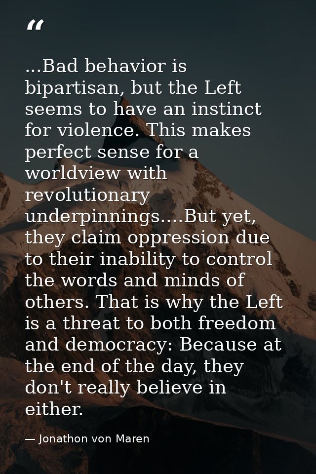 ...Bad behavior is bipartisan, but the Left seems to have an instinct for violence. This makes perfect sense for a world — Jonathon von Maren