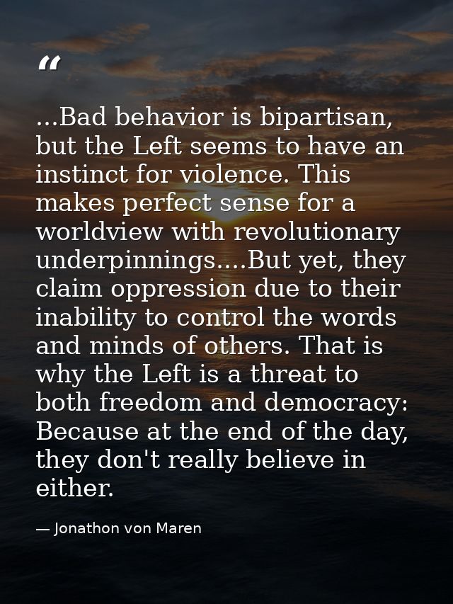 ...Bad behavior is bipartisan, but the Left seems to have an instinct for violence. This makes perfect sense for a world — Jonathon von Maren