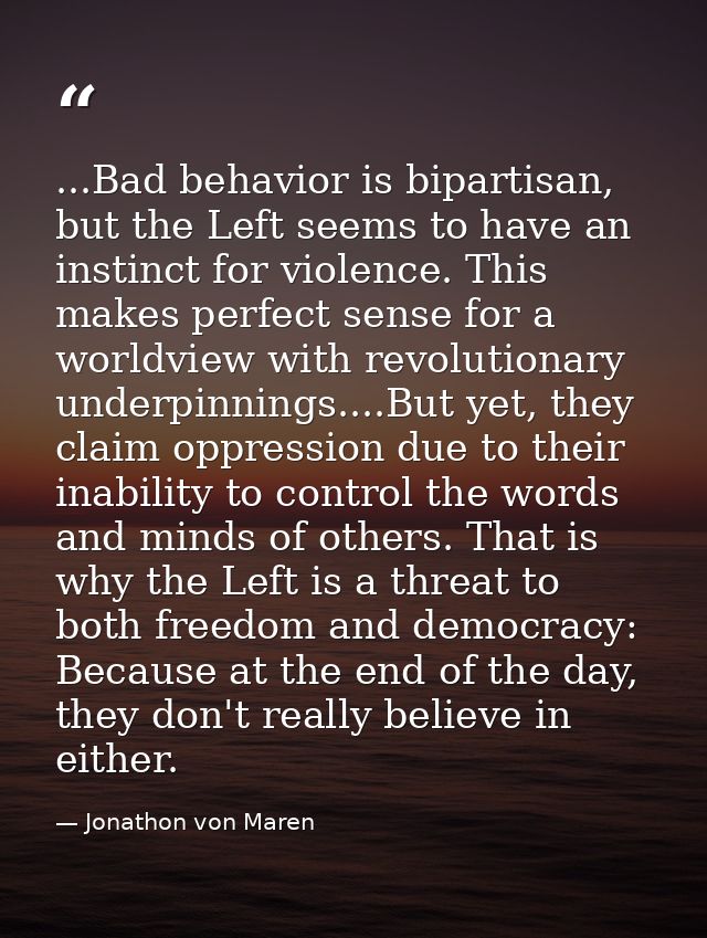 ...Bad behavior is bipartisan, but the Left seems to have an instinct for violence. This makes perfect sense for a world — Jonathon von Maren