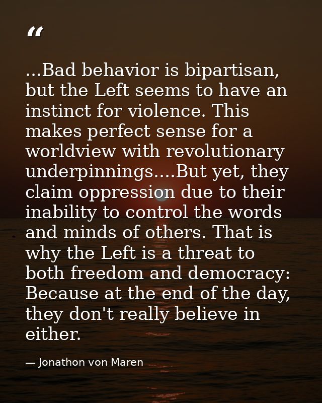...Bad behavior is bipartisan, but the Left seems to have an instinct for violence. This makes perfect sense for a world — Jonathon von Maren