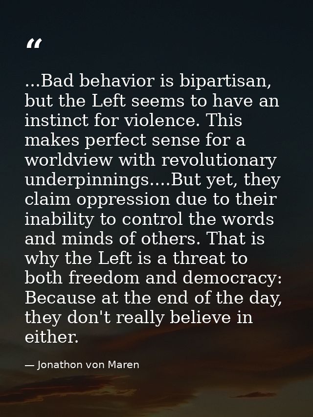 ...Bad behavior is bipartisan, but the Left seems to have an instinct for violence. This makes perfect sense for a world — Jonathon von Maren