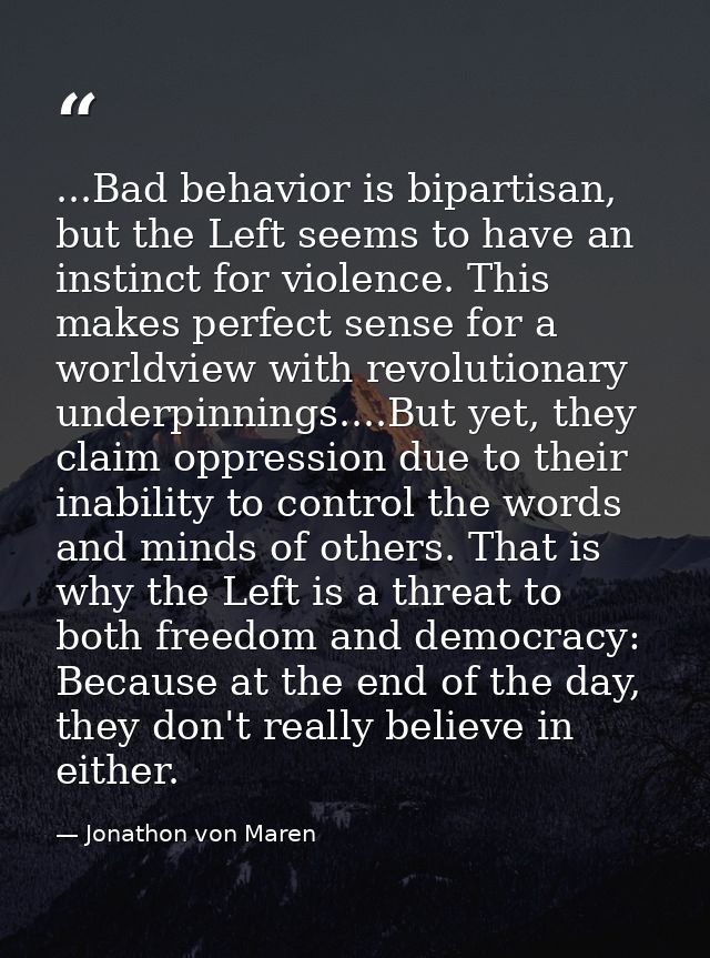 ...Bad behavior is bipartisan, but the Left seems to have an instinct for violence. This makes perfect sense for a world — Jonathon von Maren