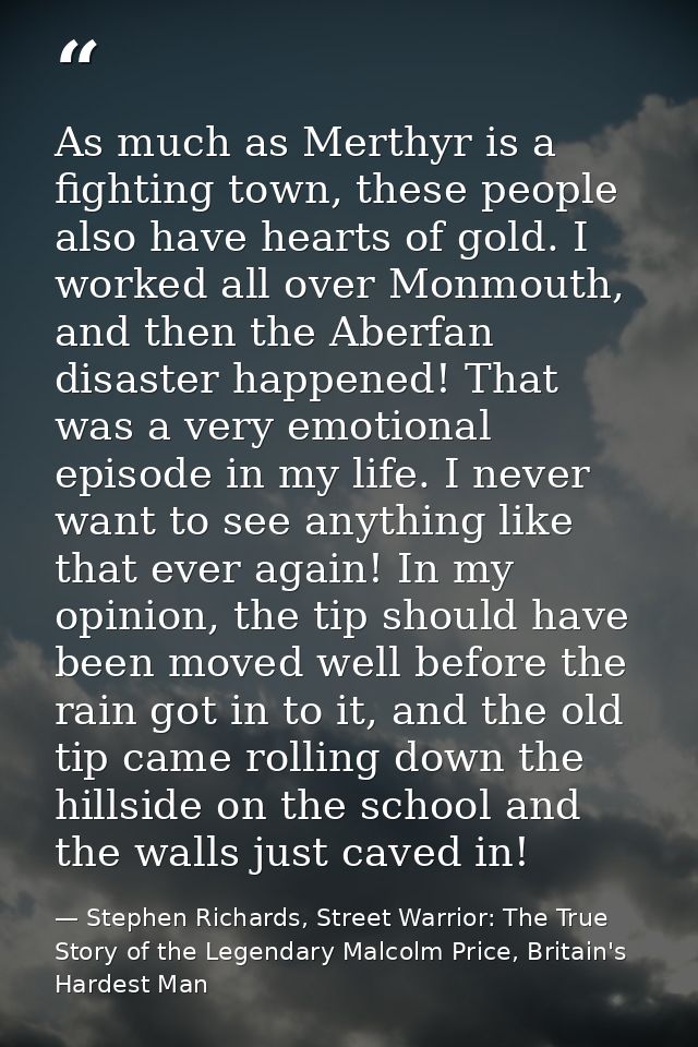 As much as Merthyr is a fighting town, these people also have hearts of gold. I worked all over Monmouth, and then the A — Stephen Richards, Street Warrior: The True Story of the Legendary Malcolm Price, Britain's Hardest Man