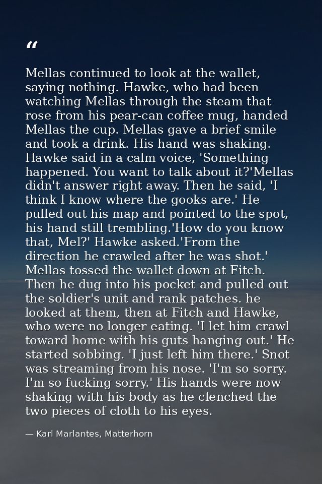 Mellas continued to look at the wallet, saying nothing. Hawke, who had been watching Mellas through the steam that rose  — Karl Marlantes, Matterhorn