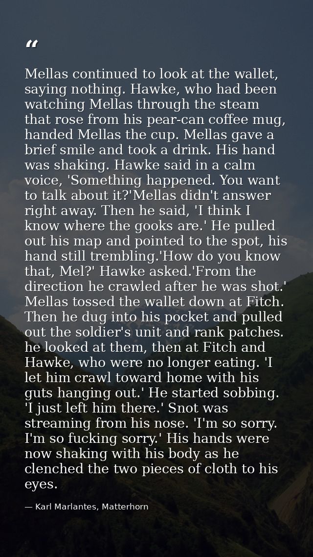 Mellas continued to look at the wallet, saying nothing. Hawke, who had been watching Mellas through the steam that rose  — Karl Marlantes, Matterhorn